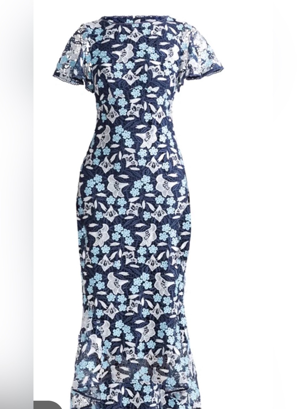 Shoshanna Floral Lace-Trim Midi Dress in dark  and Light Blue